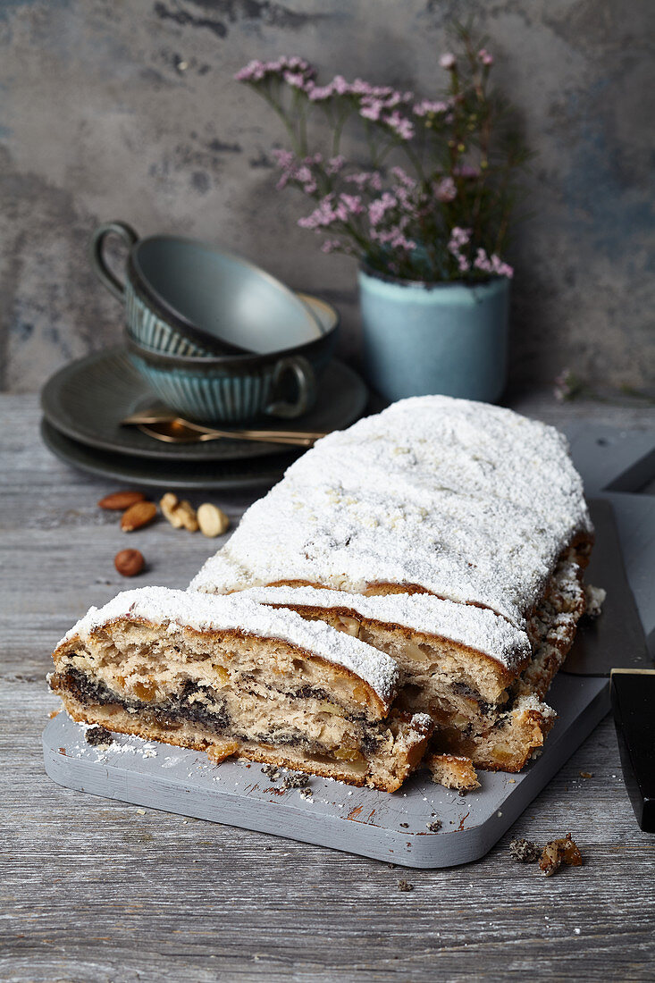 Vegan nut and poppyseed stollen with marzipan