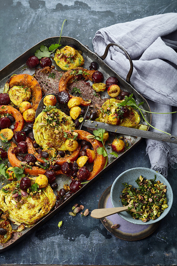 Spiced vegetables with salted pistachio nut and olive gremolata