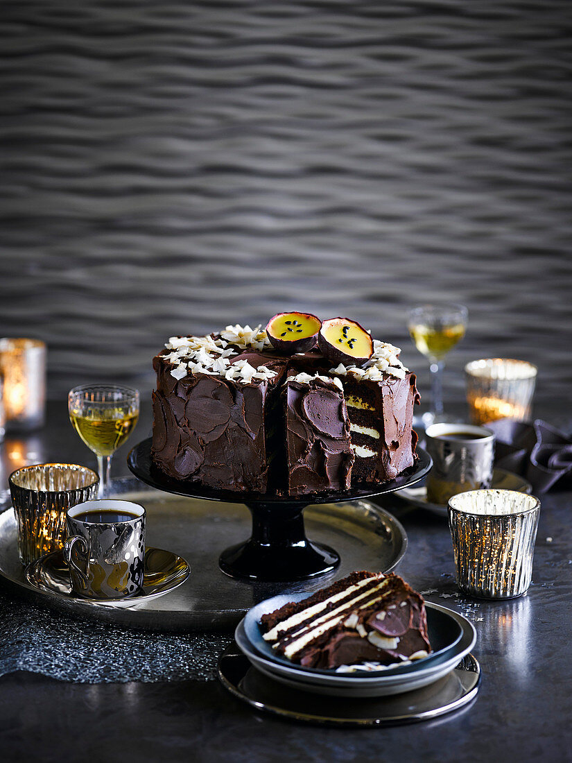 Dark chocolate, coconut and passion fruit mousse cake