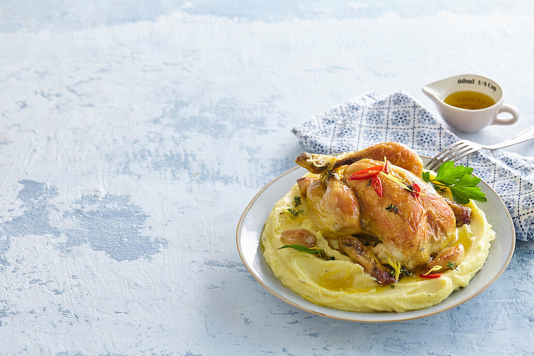 Lemon chicken with mushroom and potato mash