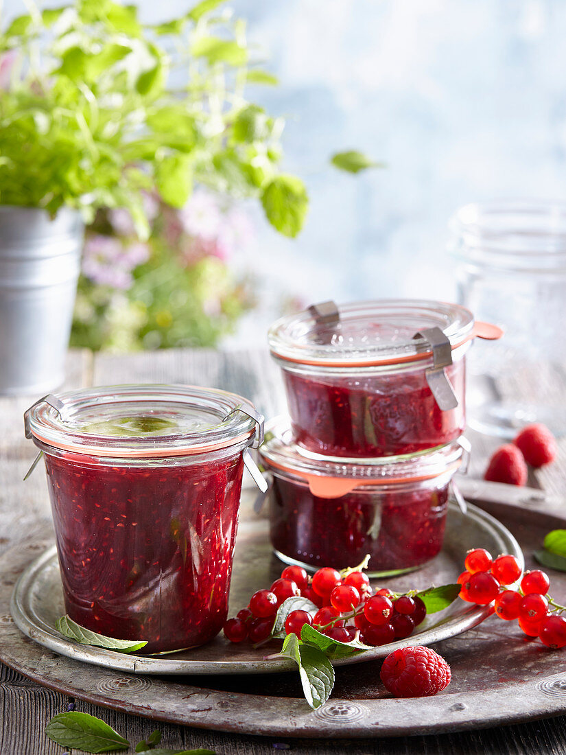 Raspberry and currant jam with mint