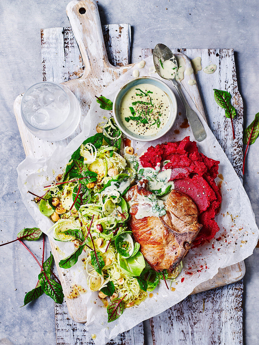 Pork with Beetroot Mash and Sprout Salad