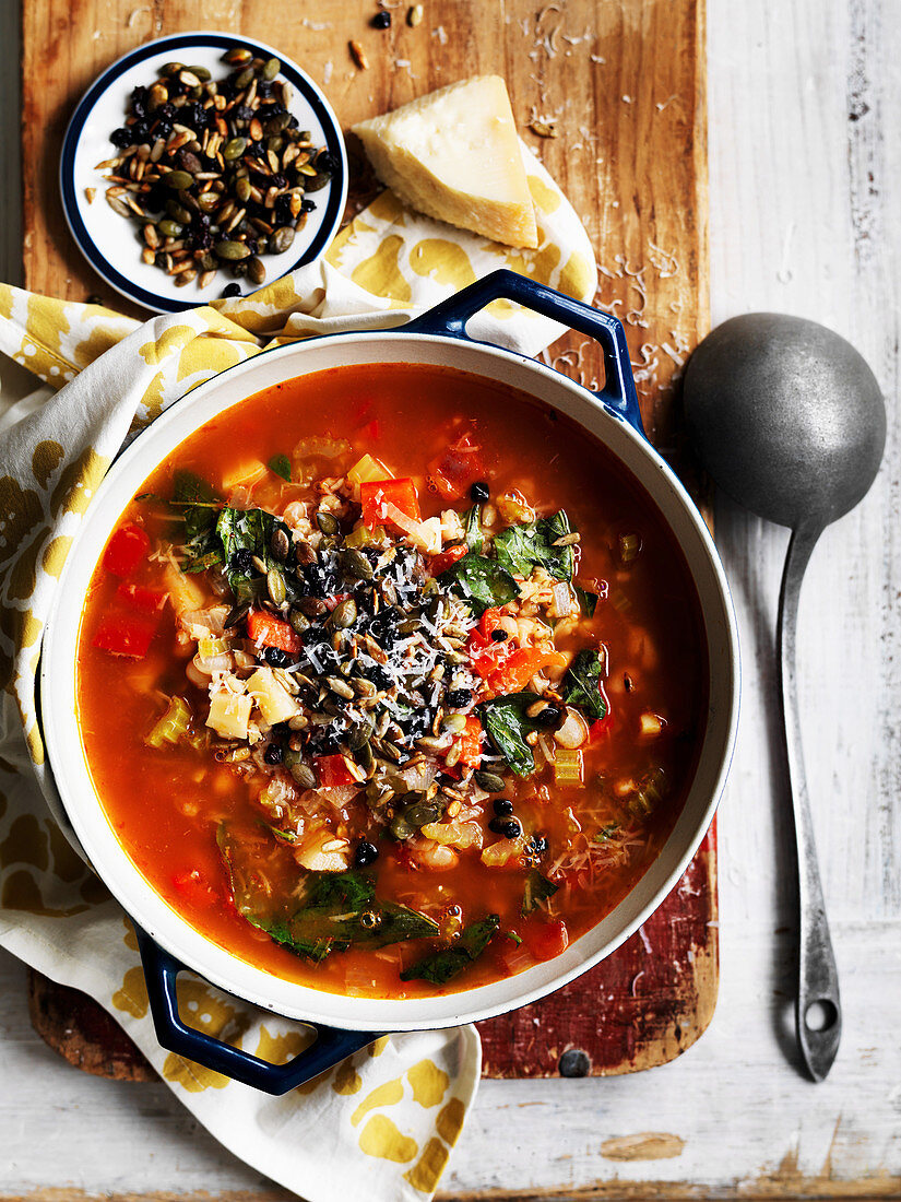 Barley and Vegetable Soup with Crunchy Seeds