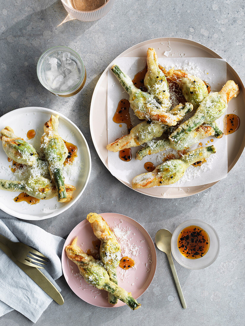 Zucchini flowers with truffle honey and pecorino