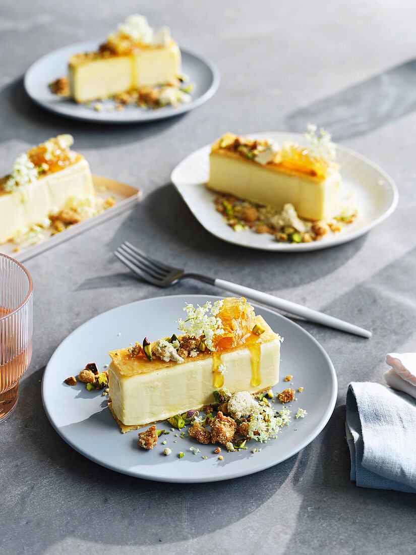 Olive-oil ice-cream sandwich with halva and pistachio