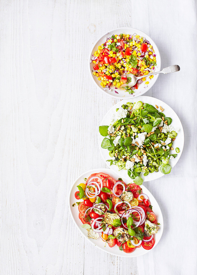 Mexican-style corn salad, Bean salad with pinien nuts, Tomato salad
