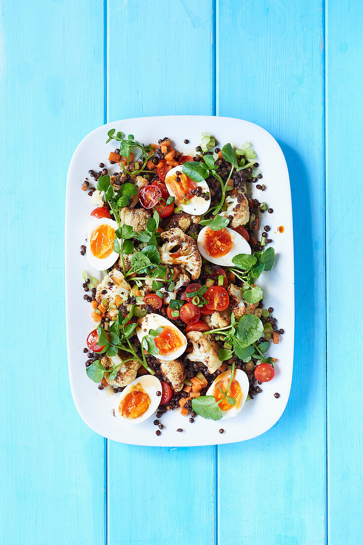 Egg and Puy lentil salad with tamari and watercress