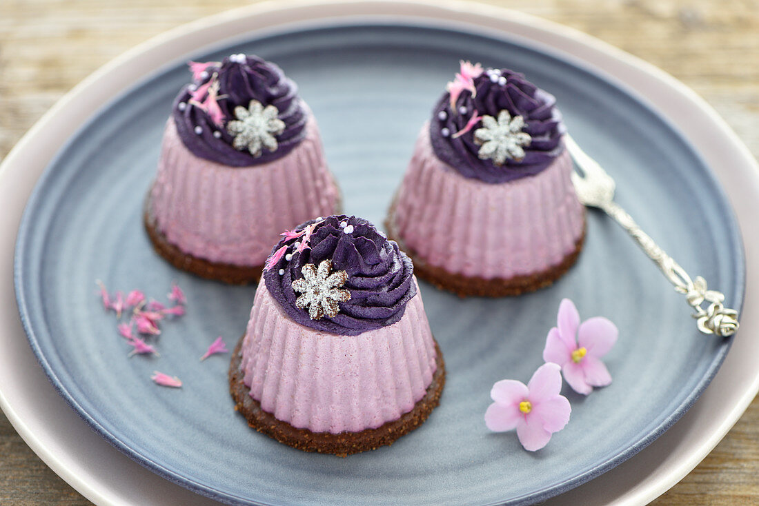 Blueberry and raspberry cakes with a chocolate and tiger nut base (vegan)