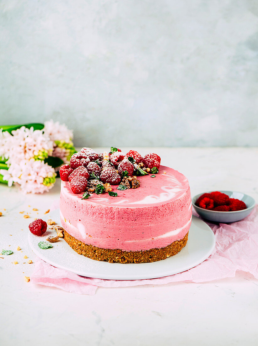 Zebra raspberry cheesecake with a biscuit base