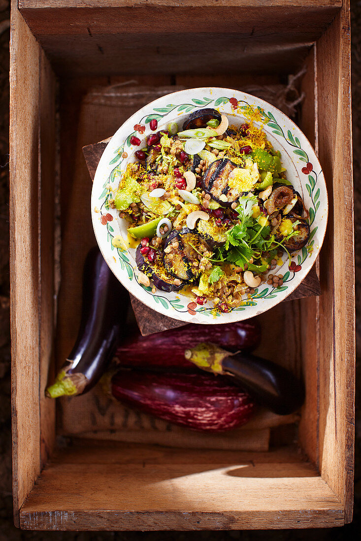 Charred aubergine salad with sugar-spice onions