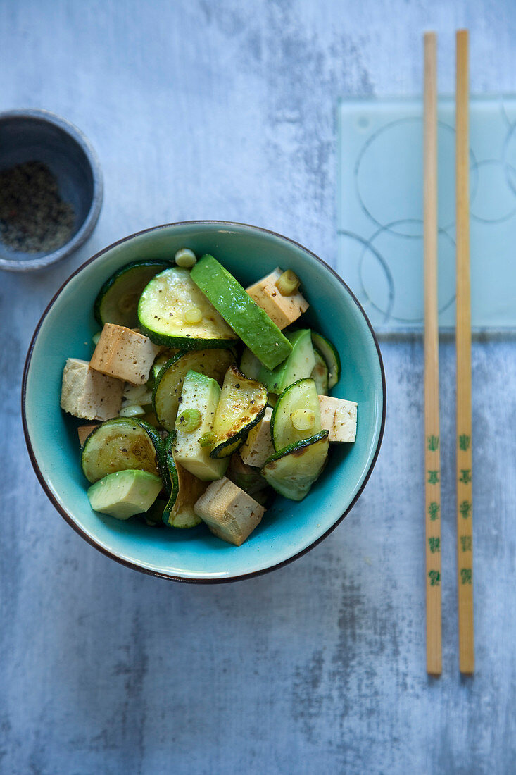 Teriyaki tofu with zucchini and avocado