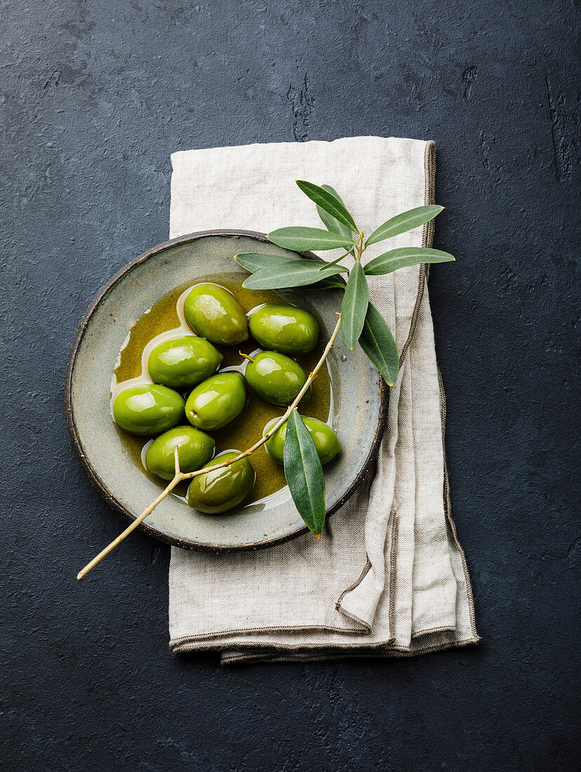 Stillleben mit Oliven, Olivenöl und Olivenzweig