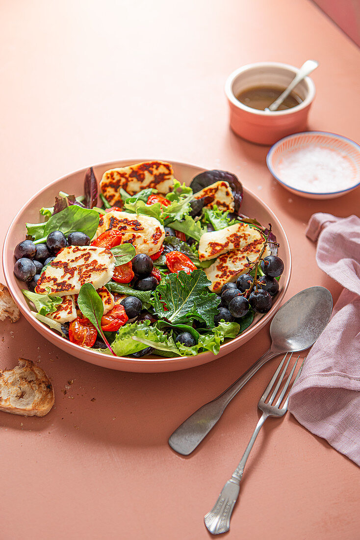 Halloumi salad with slow roasted cherry tomatoes, grapes and balsamic vinaigrette