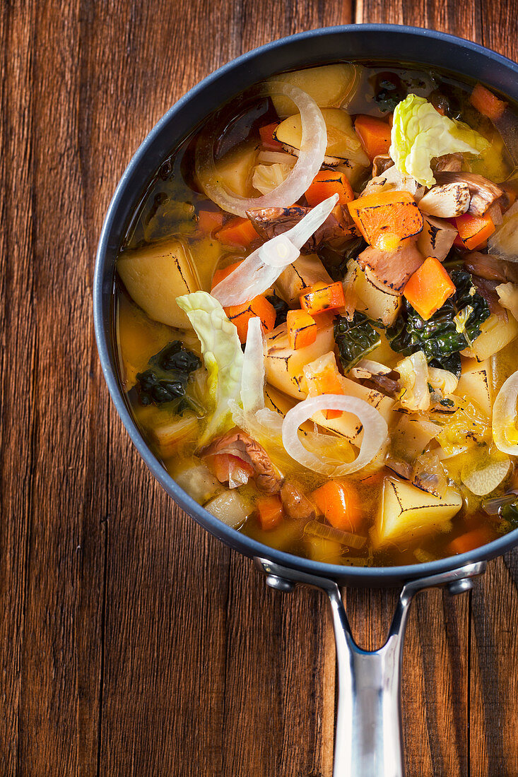 Rustic potato soup with dried mushrooms