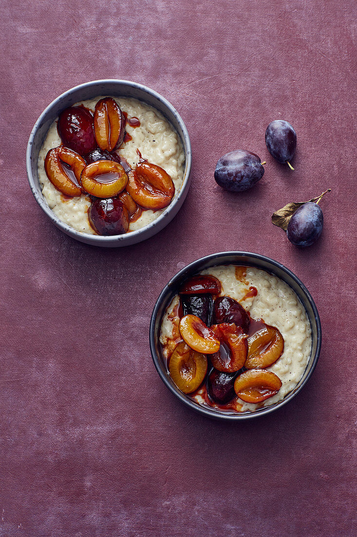 Rice pudding with damsons