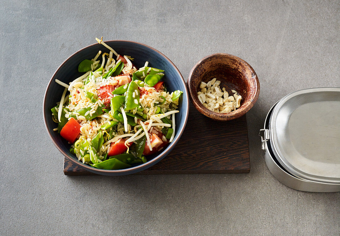 Indonesian rice salad with mange tout