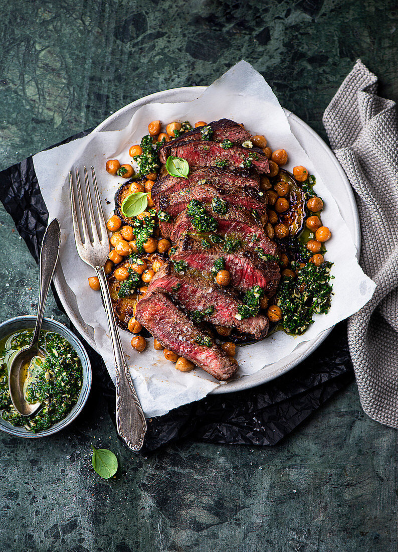 Steak with eggplant and chickpeas