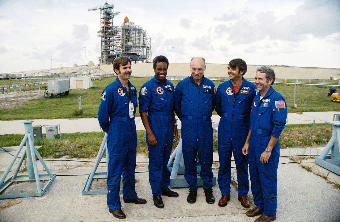 STS-8 crew at Kennedy Space Center, Florida, USA