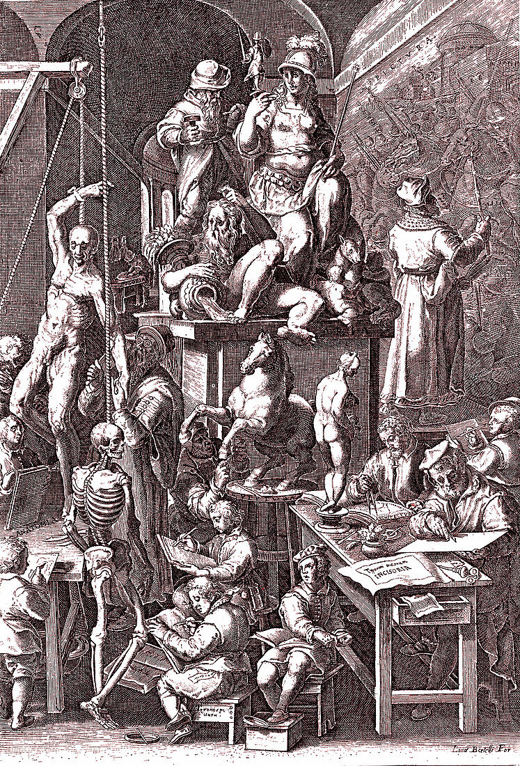 16th century artist's workshop, illustration