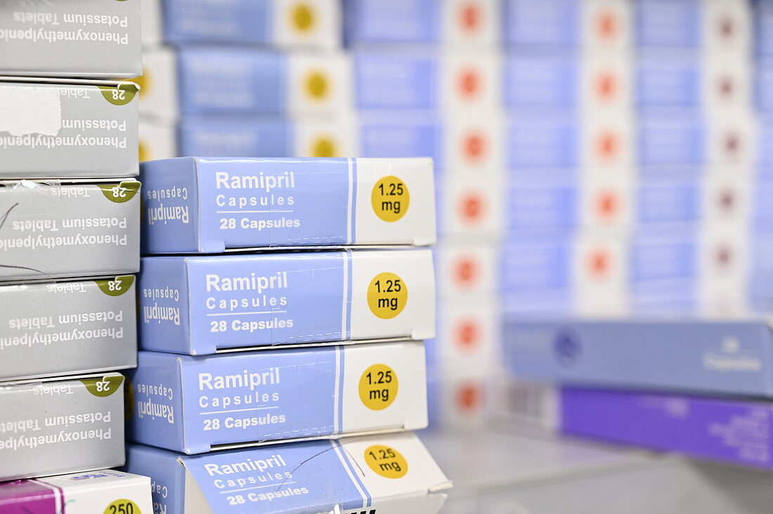 Stack of ramipril blood pressure drug boxes