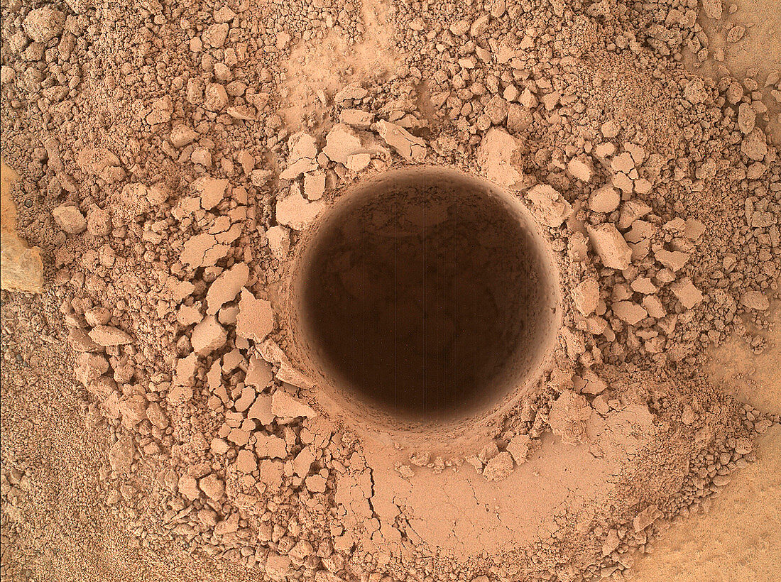 Sampling hole in Mount Sharp on Mars, Curiosity image