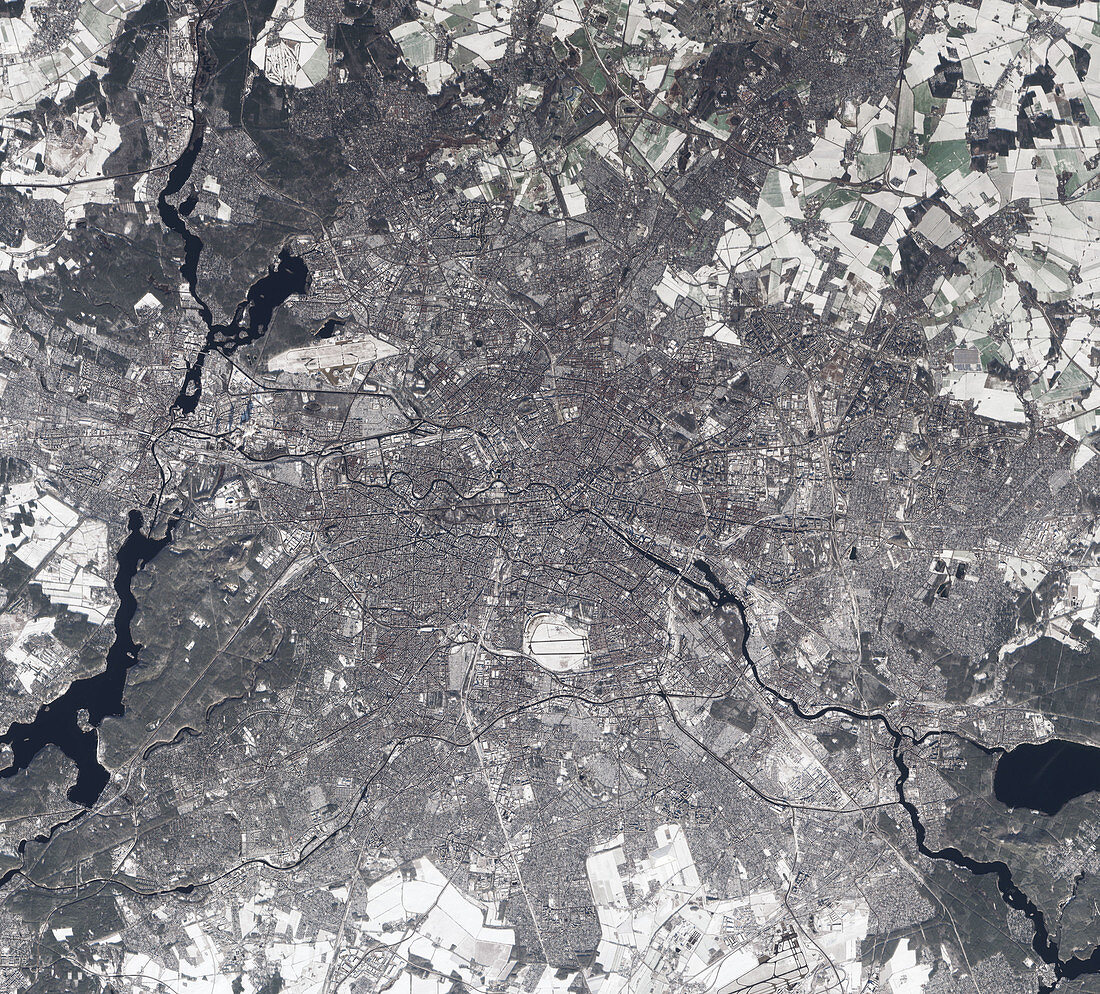 Snow covering Berlin, Germany, satellite image