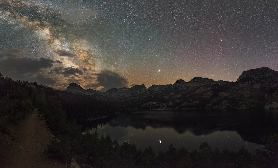 Milky Way and Jupiter reflected in lake