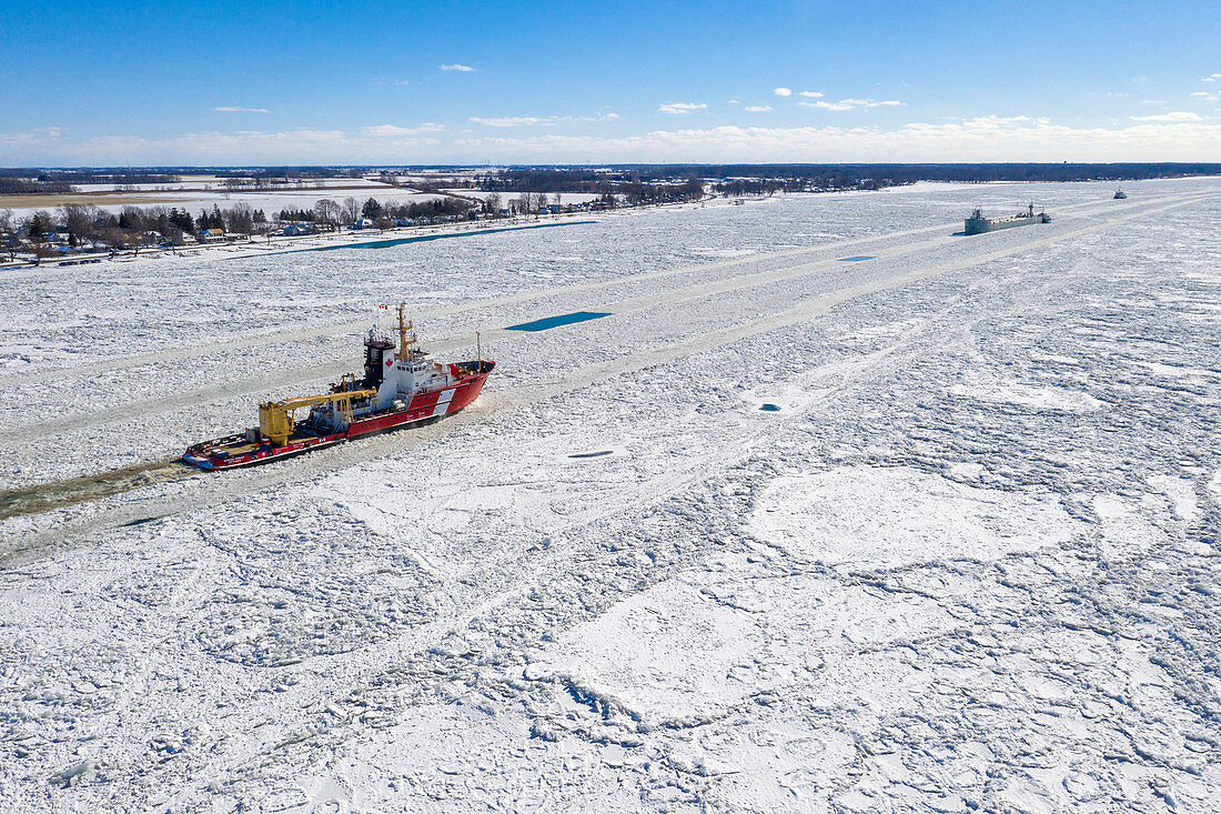 Icebreakers on St Clair River, Michigan, USA