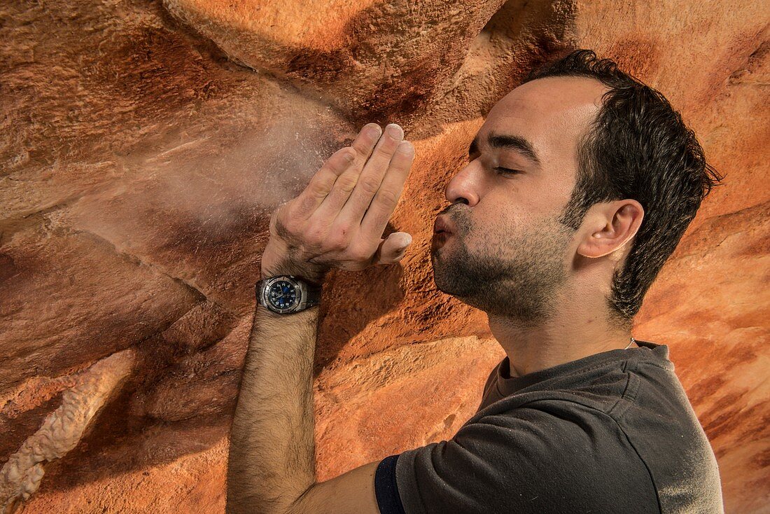 Blowing powder off a cave art panel, France