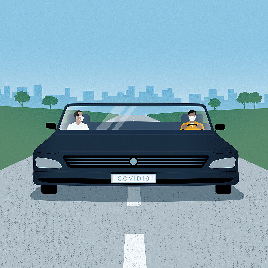Men social distancing in wide car, illustration