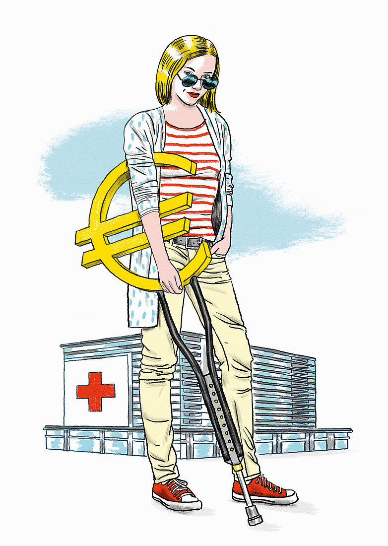 Hospital patient with a euro sign crutch, illustration