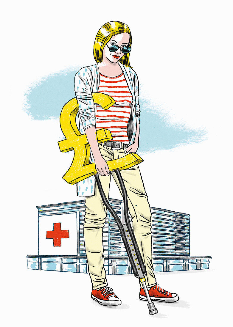 Hospital patient with a pound sign crutch, illustration
