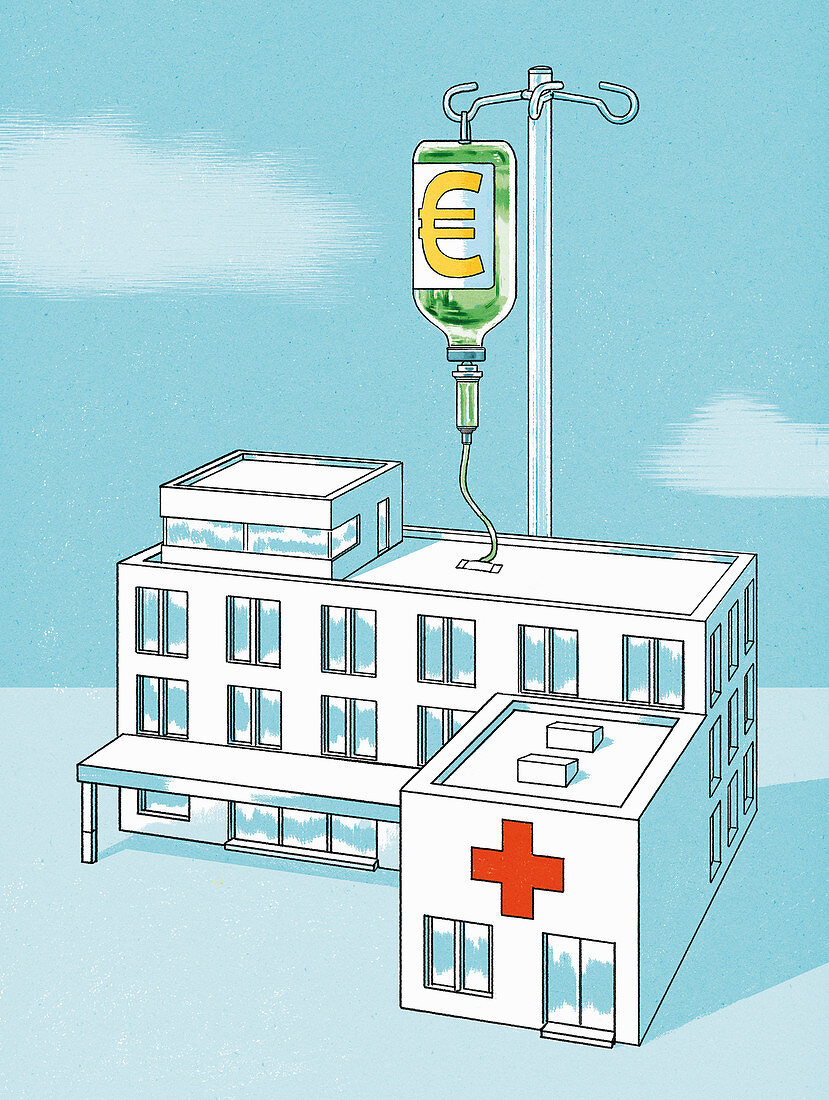 Infusion of euros for a hospital, conceptual illustration