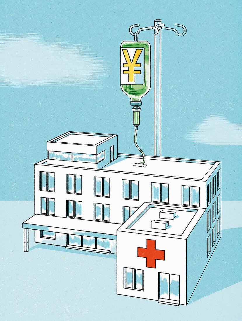 Infusion of yen for a hospital, conceptual illustration