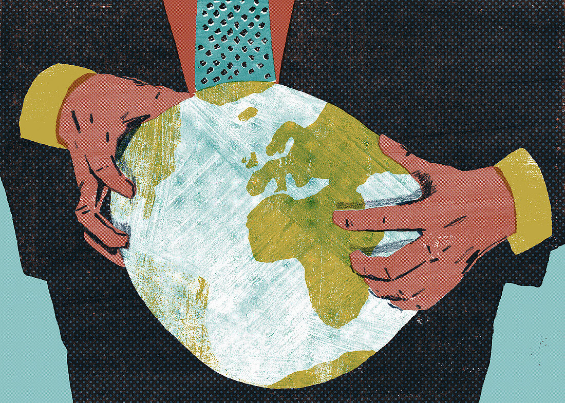 Businessman squeezing the globe, illustration