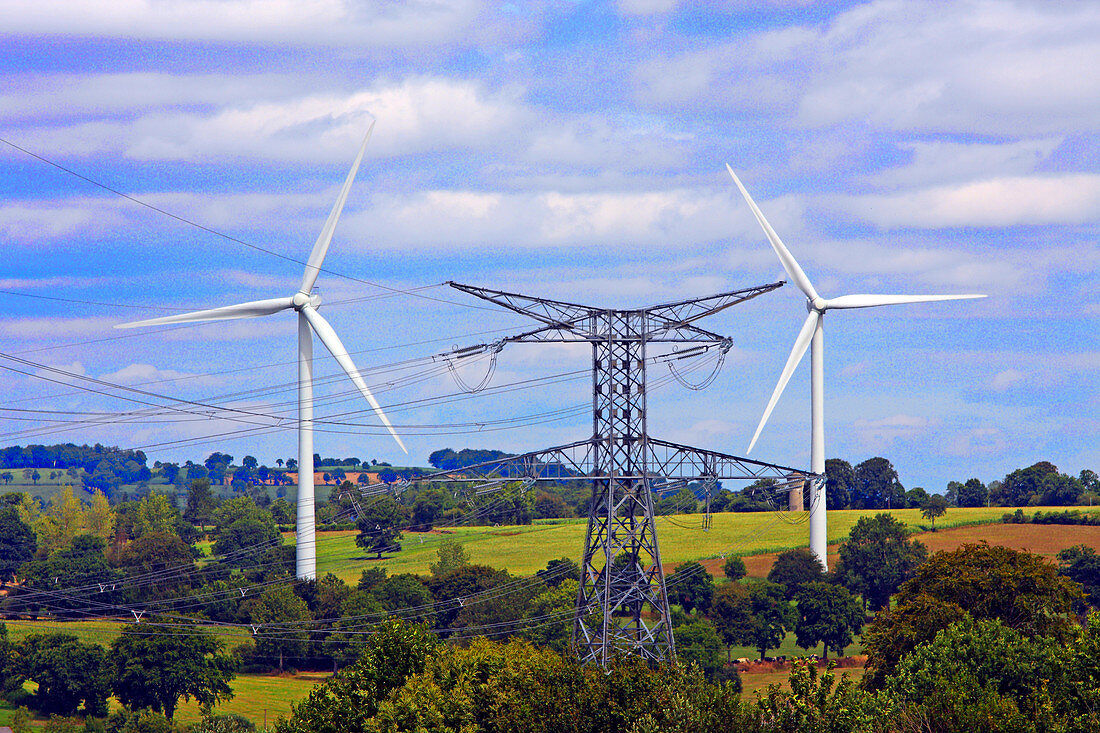 Wind turbines and electricity pylon