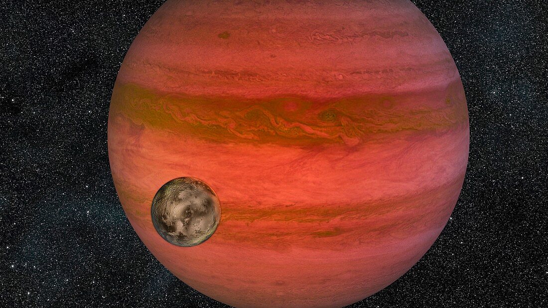 Exoplanet with orbiting moon, illustration