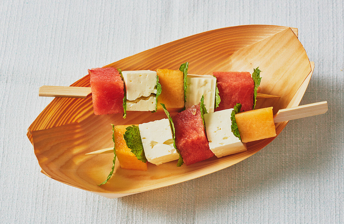 Melon kebabs with feta and mint