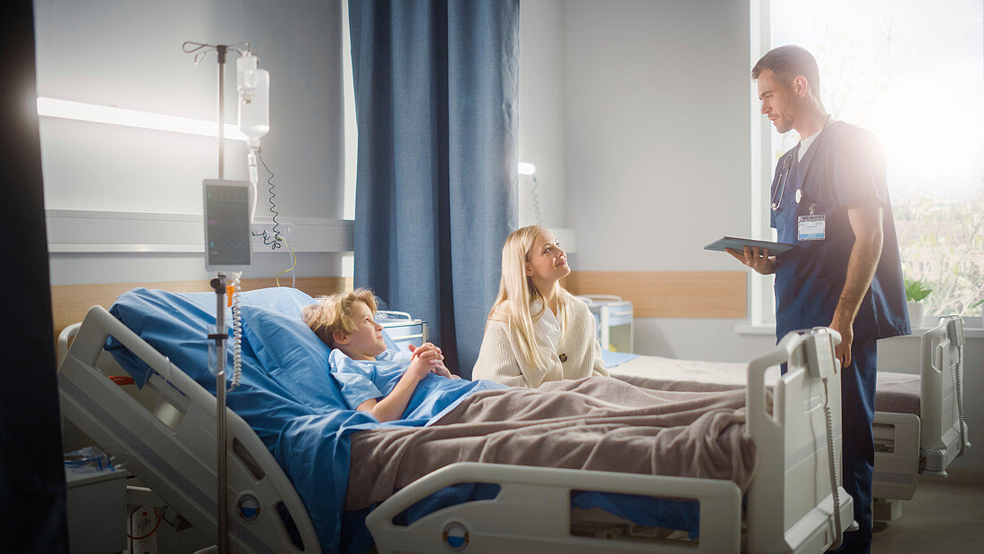 Mother visiting son in hospital