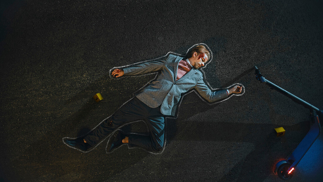 Bloody man with chalk outline