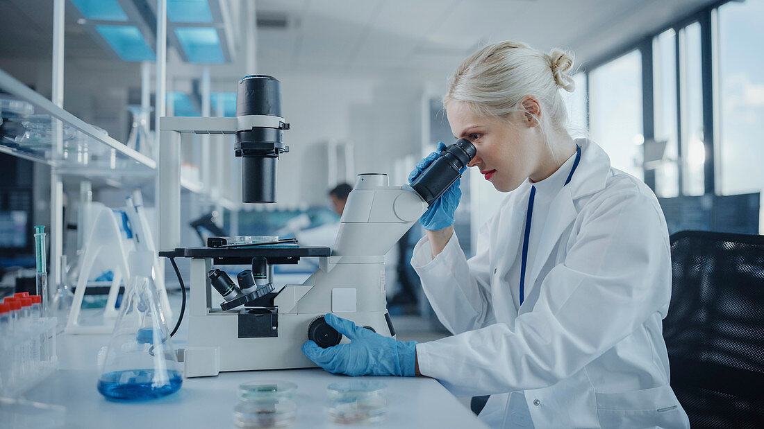 Scientist looking into a microscope