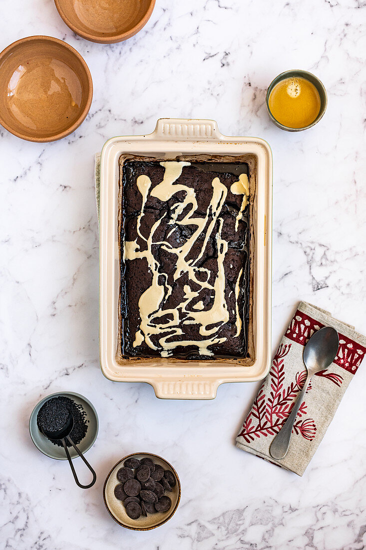 Self Saucing Chocolate Pudding with Sesame Tahini Drizzle