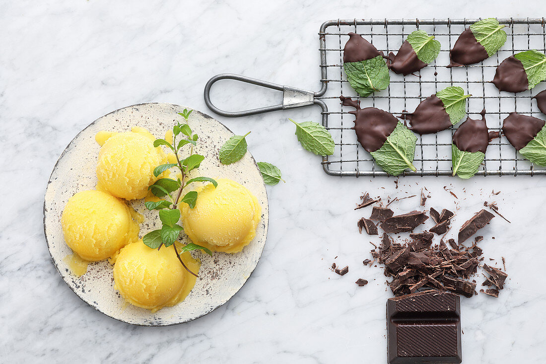 Vegan honeydew melon sorbet and mint leaves with chocolate coating