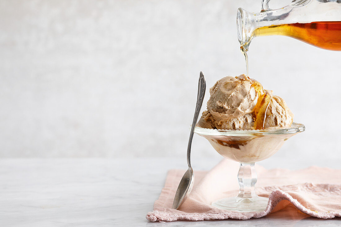 Caramel toffee poured over ice cream