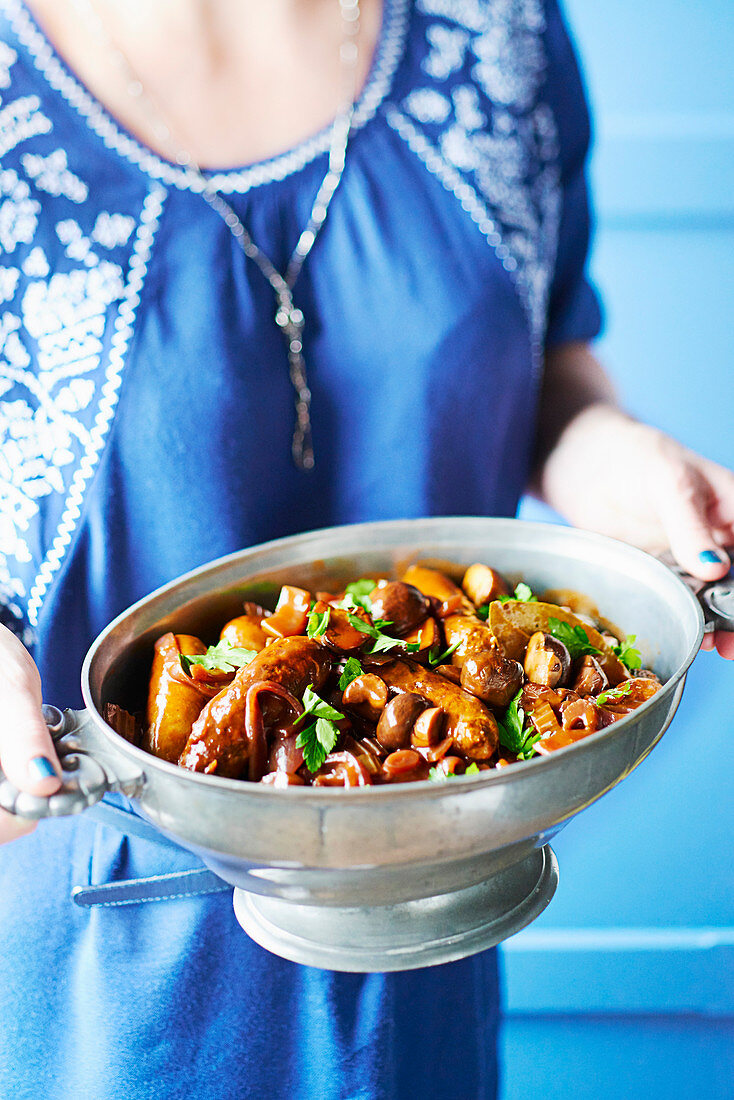 Venison sausage and chestnut casserole