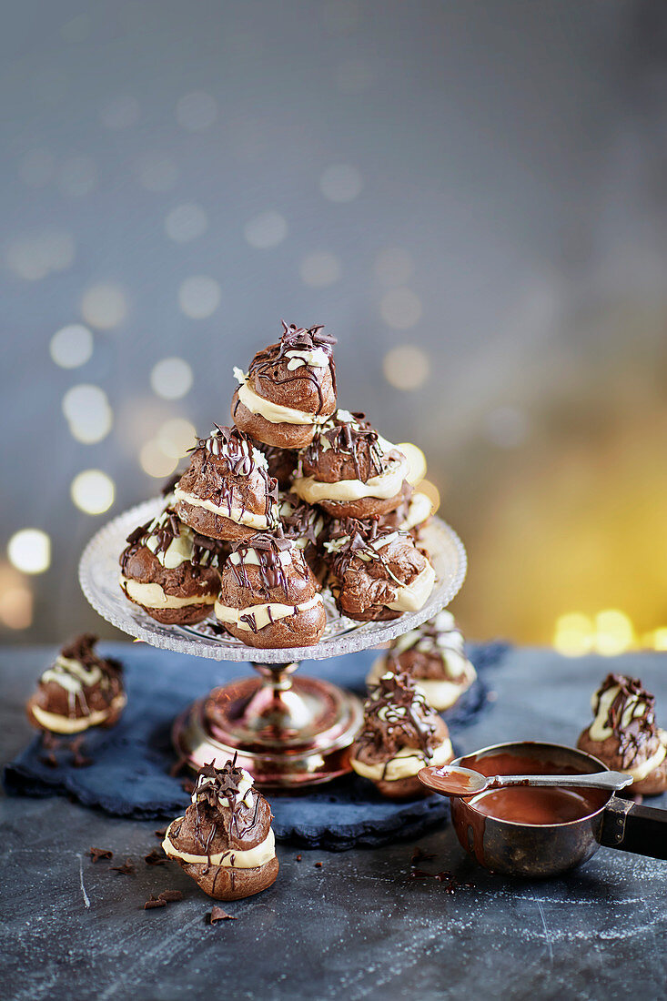 Double chocolate profiteroles with salted caramel cream