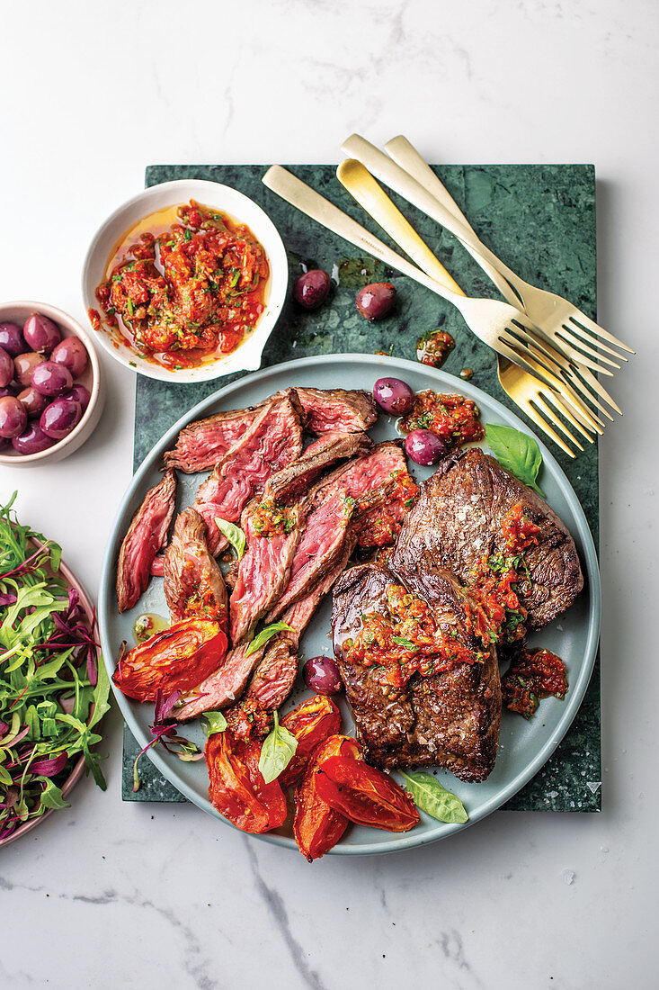 Steak Platter with Olives and Roasted Tomatoes