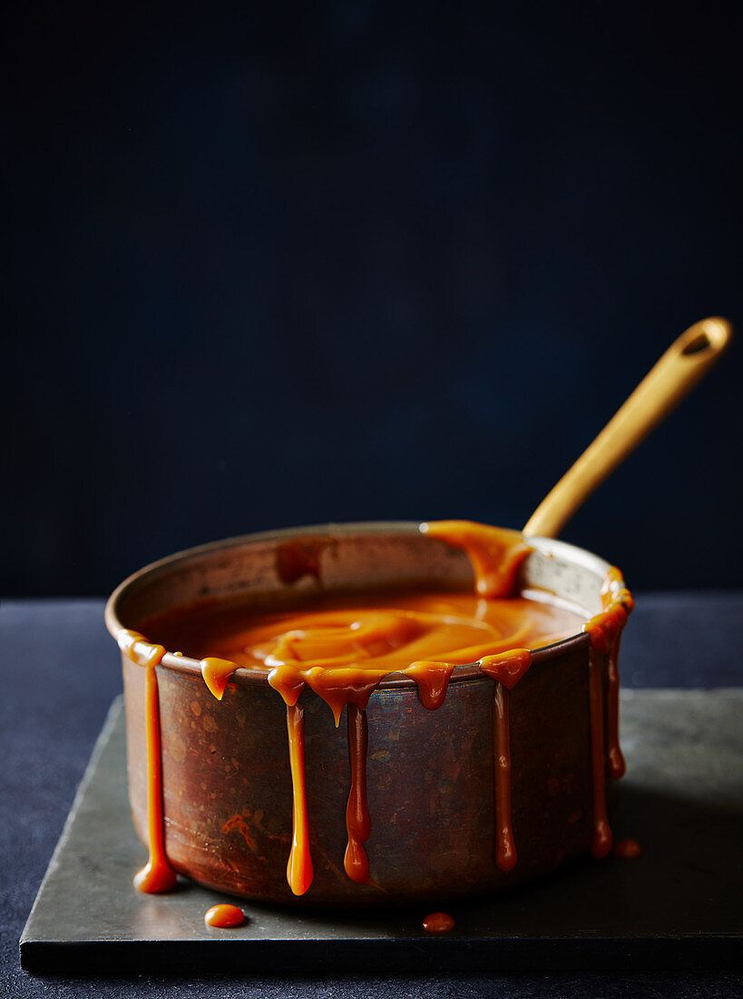 Caramel sauce in a copper pot