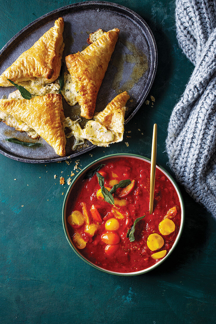 Smoky Tomato Soup with Three-Cheese Bourekas