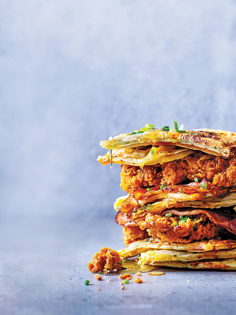 Cheesy Spring Onion Waffles With Fried Chicken